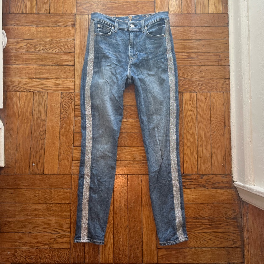 7 for All Mankind High Waist Ankle Skinny Jeans with Silver Stripe